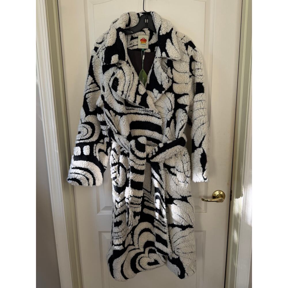 NWT FARM Rio Hearts & Bananas Fleece Coat Black White Belted Wool Blend Size S - Picture 2 of 7